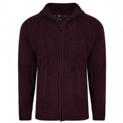 Kam Full Zip Cable Knit Cardigan - Burgundy