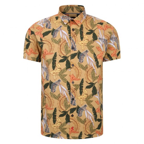 Lizard King Leaf Print Short Sleeve Shirt - Gold 